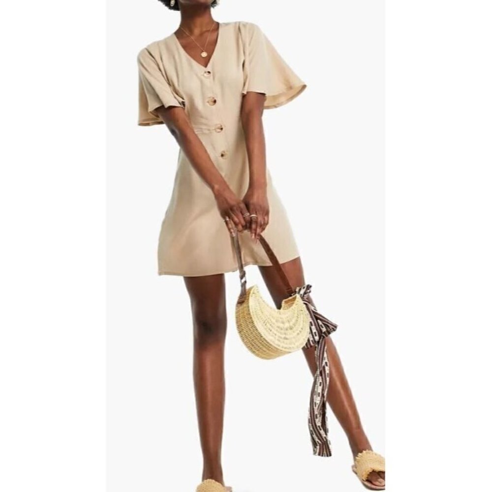 Vero Moda Romper Womens Medium Beige Flutter Sleeve Button Front V Neck Boho